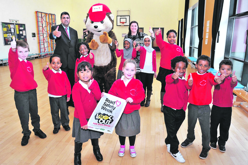 Pupils from Shakespeare Primary School are joined by Kerby the road safety hedgehog and Cllr Asghar Khan for Road Safety Week