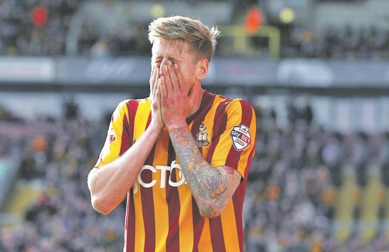 OUT: Jon Stead puts his head in his hands after Bradford City’s 3-0 defeat to Reading on Monday
