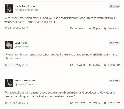 TWEET: Zayn and Louie argued on Twitter after a photo was uploaded of Malik and Naughty Boy