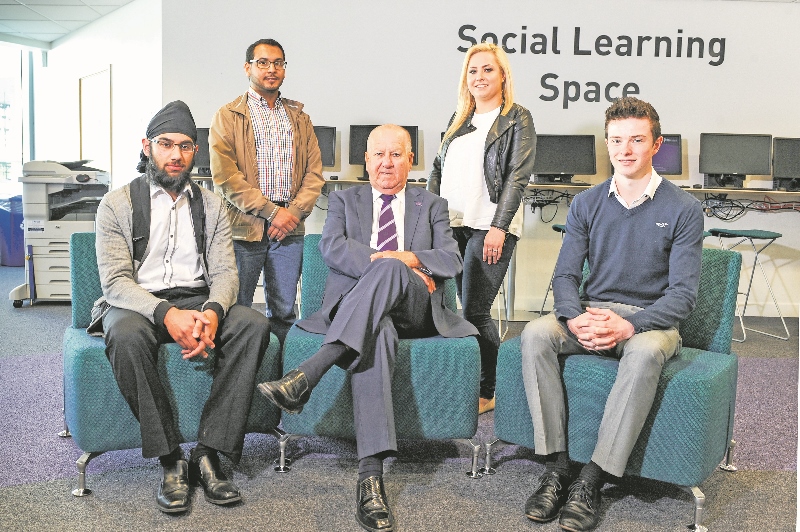 SELECTED: Five students were selected to receive the scholarships (l-r) Jugraj Singh Bhadal, Saeed Muthana, Sir Bob Murray, Louise Wade and Jamie Howarth