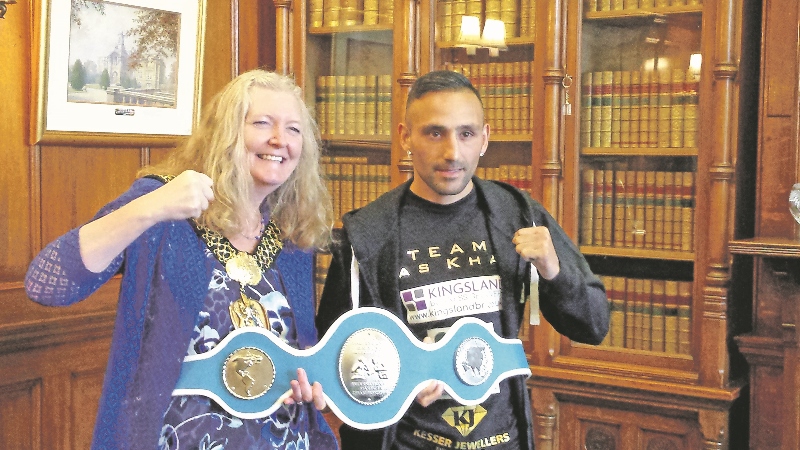 CHAMPION: Tasif Khan met with Lord Mayor of Bradford, Joanne Dodds, earlier this week before his championship fight this weekend