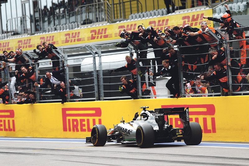 CELEBRATIONS: The Force India team were jubilant when Perez crossed the finish line on Sunday