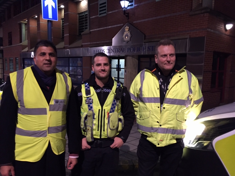 NIGHT PATROL: (Left) Councillor Ashgar Khan joined (Centre) PC Mathew Thirkel and (Right) Paul Rix, Senior Liaison & Enforcement Officer Entertainment Licensing for a night patrol