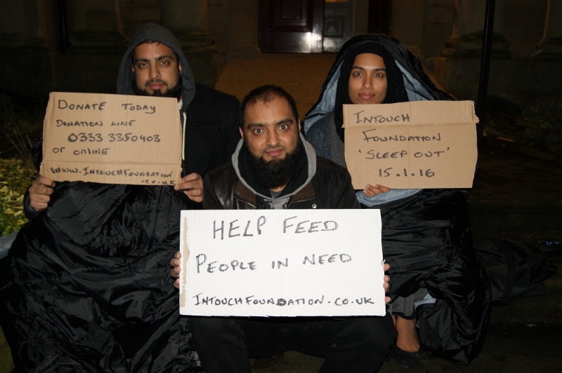 SIGNS: The InTouch team will sleep rough in Bradford for one night, pictured (l-r) InTouch Foundation fundraising manager, Faisal Rashid, founder, Osman Gondal, and volunteer manager, Sam Naaz