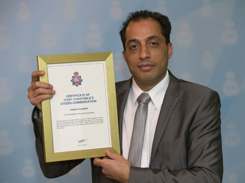 COMMENDATION: Taxi driver Kamran Rasheed has been awarded with a Chief Constable’s Commendation for his selfless act