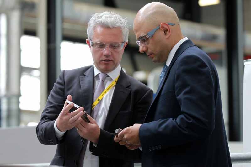 PROTECTIVE GOGGLES ON: Sajid Javid is pictured with Andrew Storer, Managing Director of the Nuclear AMRC
