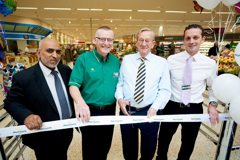 OPEN FOR BUSINESS: The Brands by Bombay Stores site was opened as part of a Morrisons makeover, pictured (l-r) Bombay Stores managing director, Saleem Kader; Morrisons Victoria longest serving employee, Stephen Fox; and Morrisons Life President, Sir Ken Morrisons