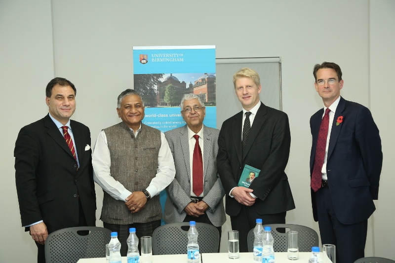 MEETING OF MINDS: University of Birmingham Chancellor Lord Bilimoria of Chelsea and the Minister of State of External Affairs General Vijay Kumar Singh, amongst others, pictured at the Ministerial briefing