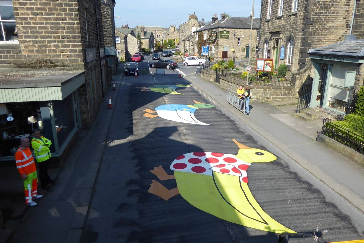 Addingham Ducks is a trio of giant ducks wearing cycling jerseys