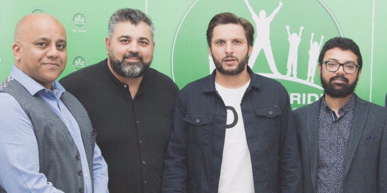 UK SAF Team: (left to right) Shahid Sheikh (SAF Chairman UK), Iftikhar Ifrahim (Northern Representative), Shahid Afridi (SAF Global CEO) and Arshad Khan (SAF UK CEO)