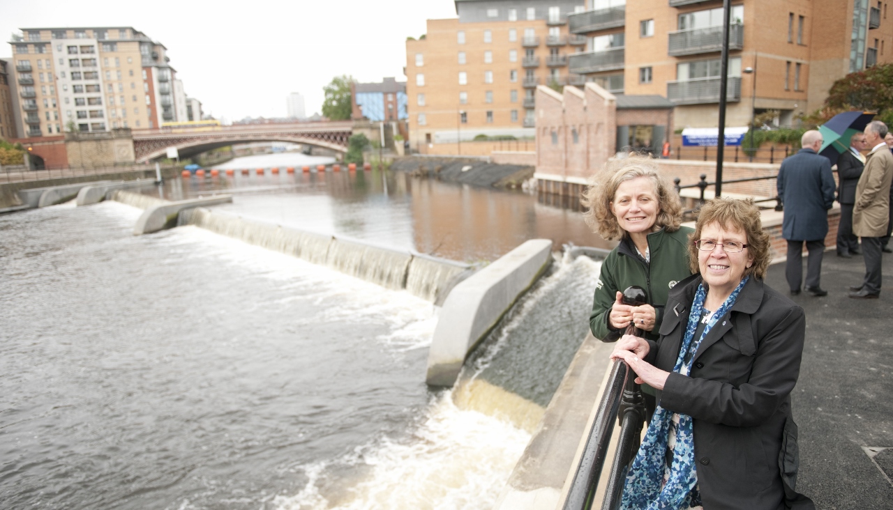 Emma Howard Boyd and Cllr Judith Blake overlooking new flood prevention weir at Crown Point