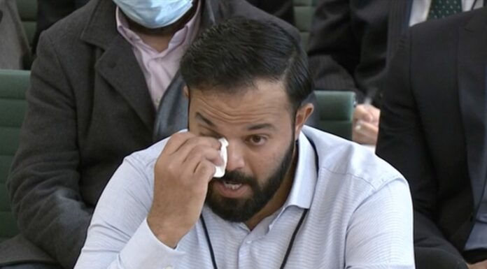 Fighting back tears: Cricketer Azeem Rafiq gives evidence to MPs about racism at Yorkshire
